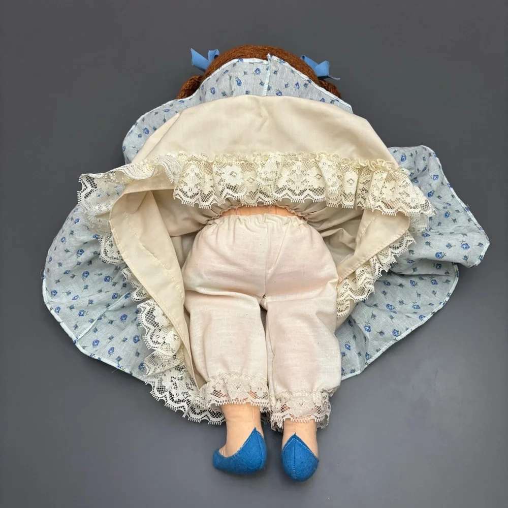 Vintage Handmade Cloth Doll Rag Doll Folk Art Blue Dress Slip Bloomers Yarn Hair